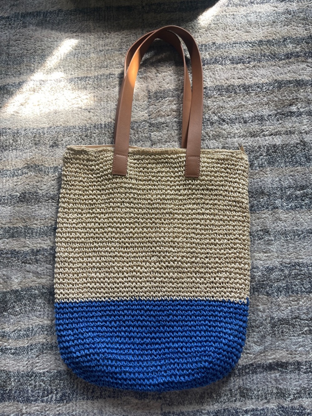 BTB Two-Tone Crochet Tote Bag with Brown Straps - Blue & Natural